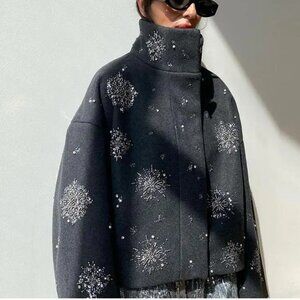 Gray Beaded & Sequin Cropped Jacket - Stand Collar & Sparkle Coat!